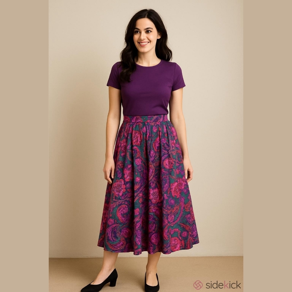 Vintage 80s Bohemian Pleated Folk High waist Skirt Floral Print Cottagecore Midi